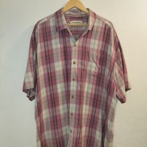 Tommy Bahama 100% Silk Pink Purple Plaid S/S Wood Button Down